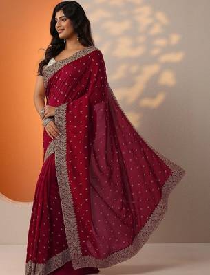 maroon embellished saree with unstitched blouse piece 4