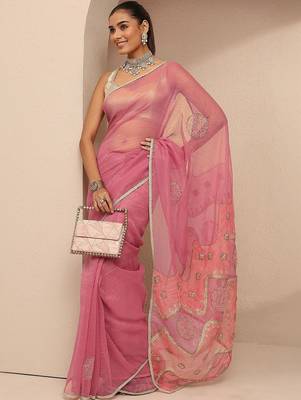 pink embellished saree with unstitched blouse piece 1