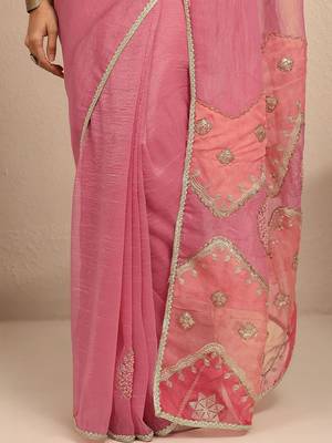 pink embellished saree with unstitched blouse piece 3