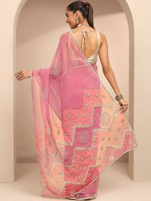 pink embellished saree with unstitched blouse piece 5