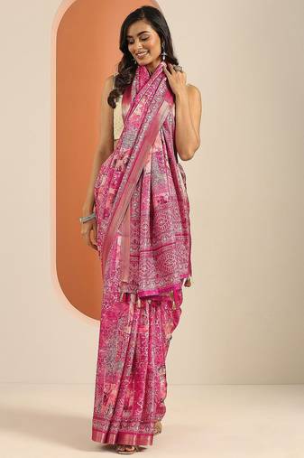 pink printed saree with unstitched blouse piece