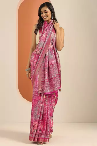 pink printed saree with unstitched blouse piece
