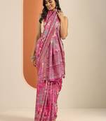 pink printed saree with unstitched blouse piece