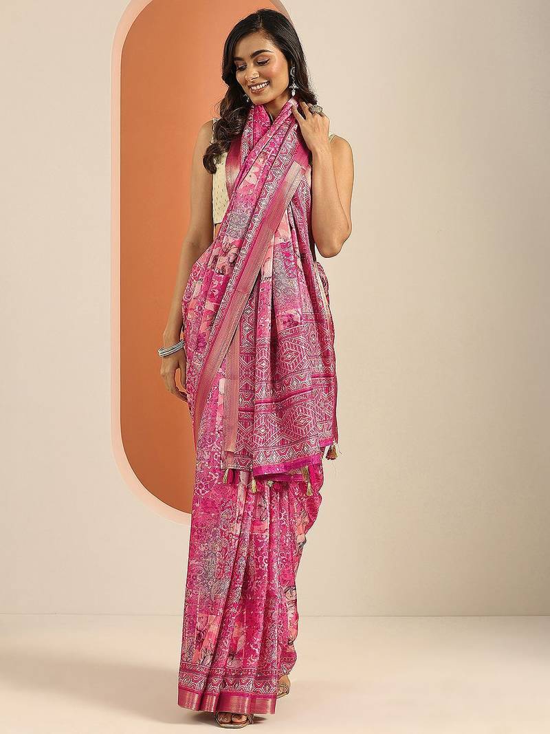 pink printed saree with unstitched blouse piece