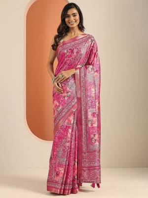 pink printed saree with unstitched blouse piece 2