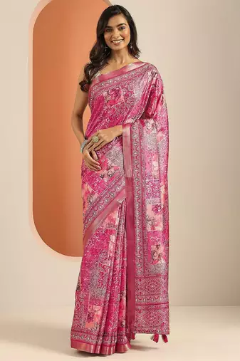 pink printed saree with unstitched blouse piece