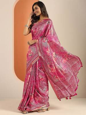 pink printed saree with unstitched blouse piece 3
