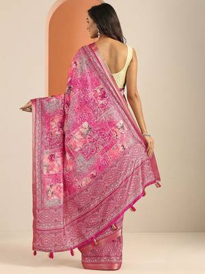 pink printed saree with unstitched blouse piece 4