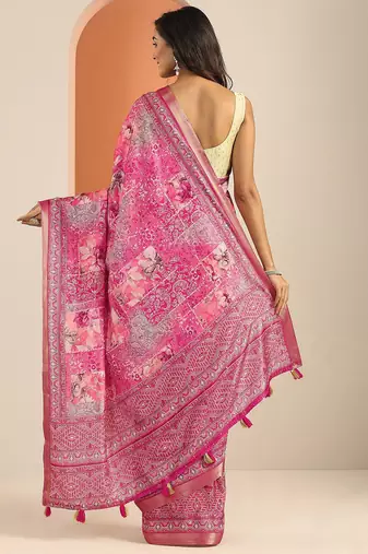 pink printed saree with unstitched blouse piece