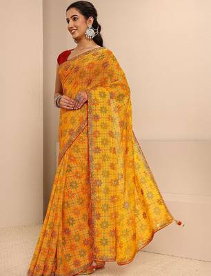 yellow bandhani printed saree with unstitched blouse piece 3