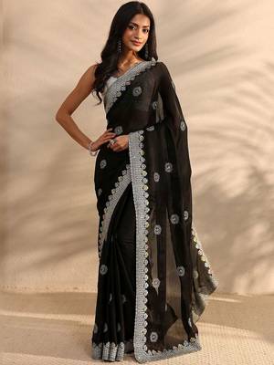 black embellished satin saree with unstitched blouse piece 1