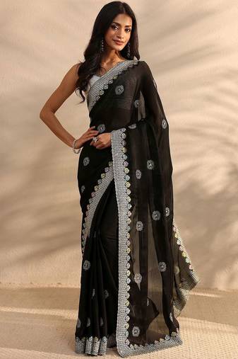 black embellished satin saree with unstitched blouse piece