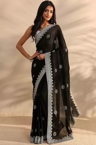 black embellished satin saree with unstitched blouse piece