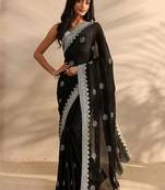 black embellished satin saree with unstitched blouse piece