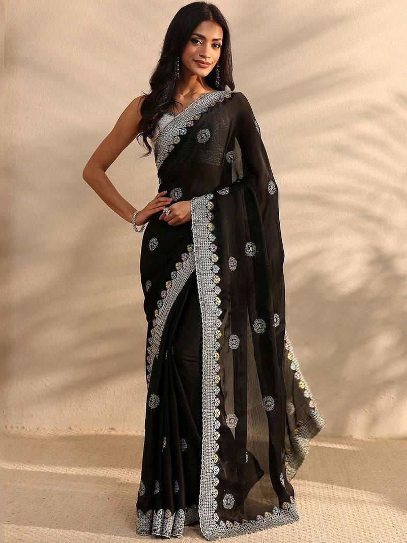 black embellished satin saree with unstitched blouse piece