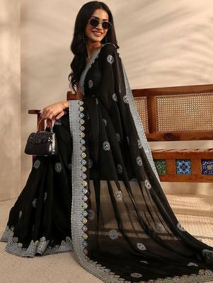 black embellished satin saree with unstitched blouse piece 2