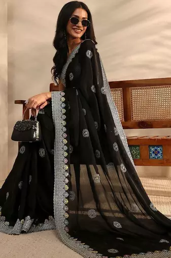 black embellished satin saree with unstitched blouse piece