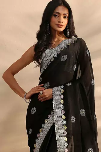 black embellished satin saree with unstitched blouse piece