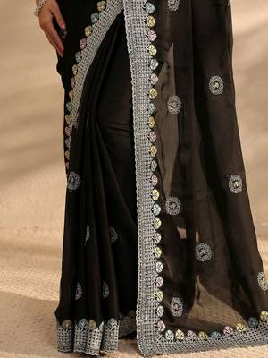 black embellished satin saree with unstitched blouse piece 4