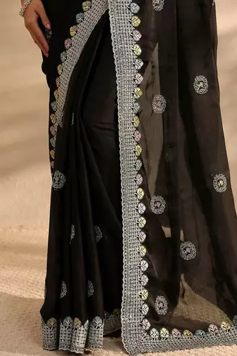black embellished satin saree with unstitched blouse piece