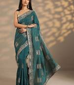 teal embellished saree with unstitched blouse piece