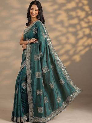 teal embellished saree with unstitched blouse piece 2