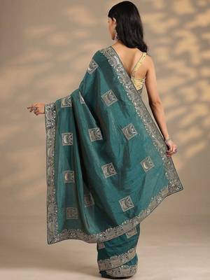 teal embellished saree with unstitched blouse piece 3