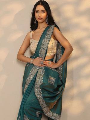 teal embellished saree with unstitched blouse piece 4