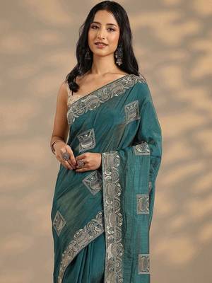 teal embellished saree with unstitched blouse piece 5