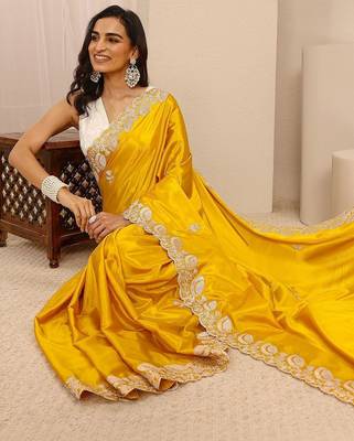 yellow embroidered saree with unstitched blouse piece 2