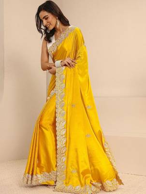 yellow embroidered saree with unstitched blouse piece 3