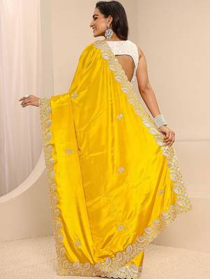yellow embroidered saree with unstitched blouse piece 5