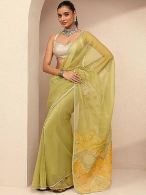 lime green embellished saree with unstitched blouse piece 1