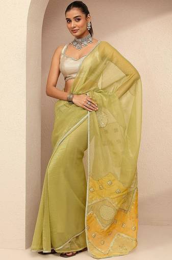 lime green embellished saree with unstitched blouse piece