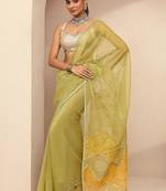 lime green embellished saree with unstitched blouse piece