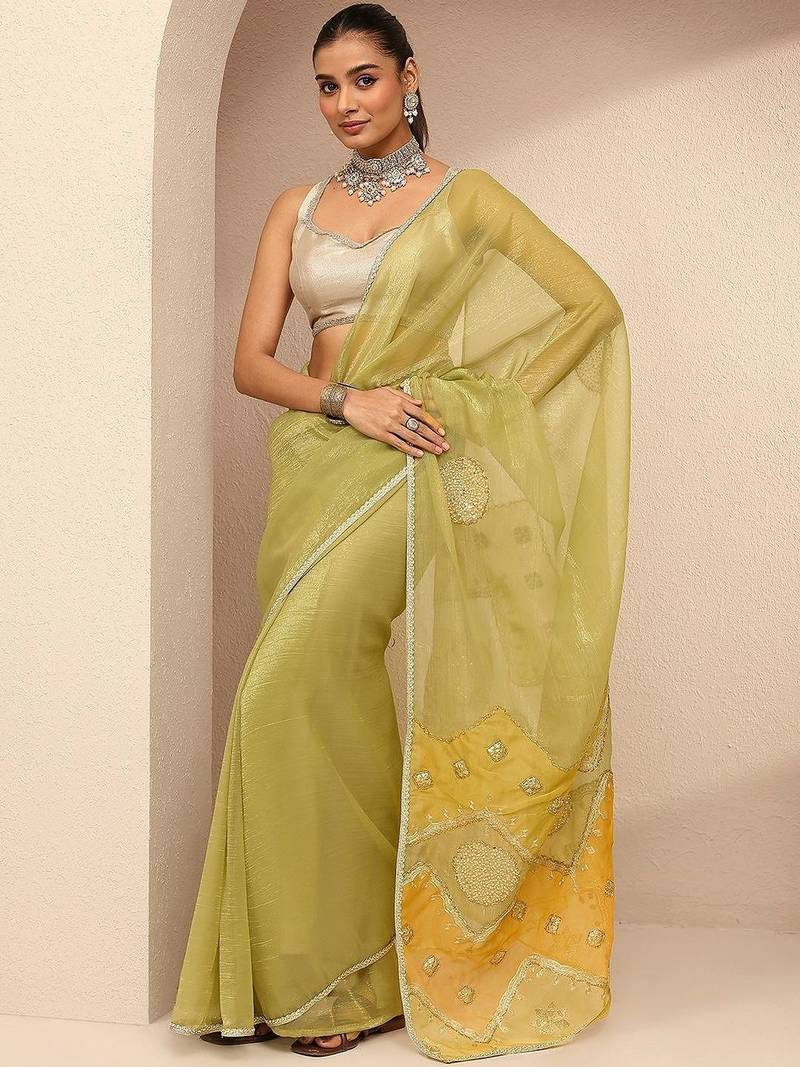 lime green embellished saree with unstitched blouse piece