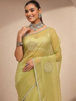 lime green embellished saree with unstitched blouse piece 2