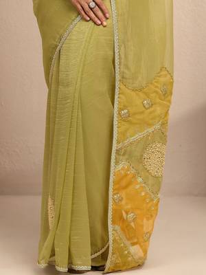 lime green embellished saree with unstitched blouse piece 3