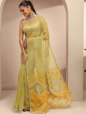 lime green embellished saree with unstitched blouse piece 5