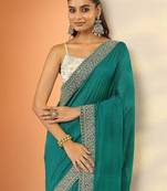 teal ethnic motifs embroidered silk blend heavy work saree