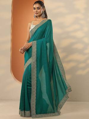 teal ethnic motifs embroidered silk blend heavy work saree 2