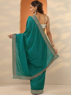 teal ethnic motifs embroidered silk blend heavy work saree 3