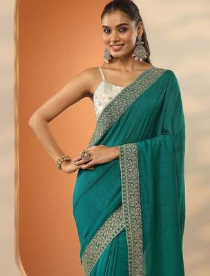 teal ethnic motifs embroidered silk blend heavy work saree 5