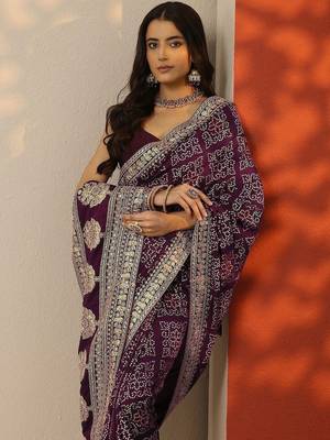 purple bandhani printed silk blend saree with unstitched blouse piece 1