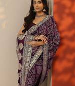 purple bandhani printed silk blend saree with unstitched blouse piece