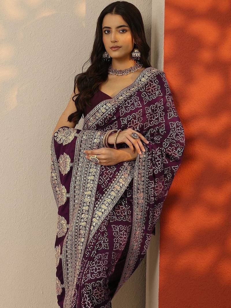 purple bandhani printed silk blend saree with unstitched blouse piece