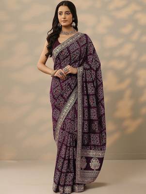 purple bandhani printed silk blend saree with unstitched blouse piece 2