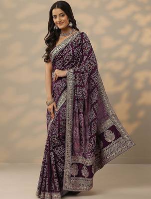 purple bandhani printed silk blend saree with unstitched blouse piece 3