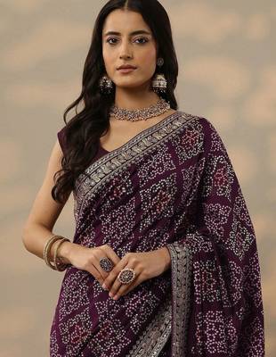 purple bandhani printed silk blend saree with unstitched blouse piece 5