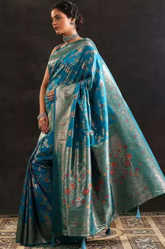 blue woven design saree with unstitched blouse piece